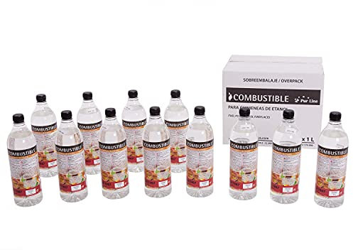 PUR LINE | Combustible etanol vegetal aroma a madera biochimeneas, caja 12 botellas 1L - Combustible Etanol Ecológico, sin humo, elimina olores y recrea ambiente chimenea leña