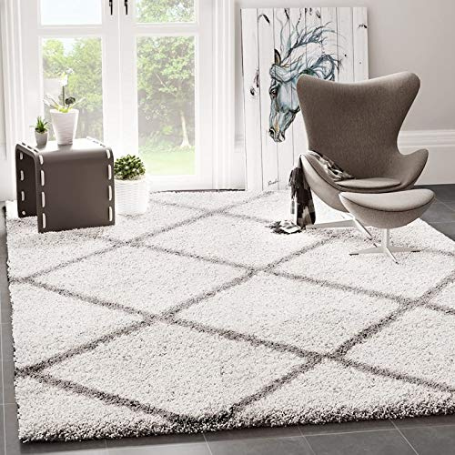VIMODA Hochflor Teppich Wohnzimmer Schlafzimmer Küche Shaggy Skandinavisch Rautenmuster, Maße:70x250 cm