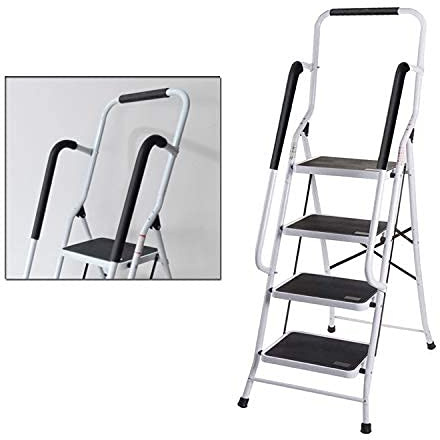 Trittleiter 4 Stufen Klappbar mit Handlauf, Stahl Klapptritt Haushaltstritt Stehleiter Tritthocker Platzsparend, für Zuhause/Küche/Garage, Belastbar bis 150 kg