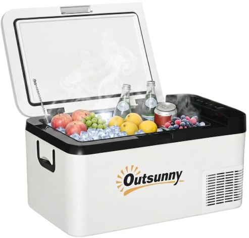 Outsunny Nevera Portátil Eléctrica 18L 12/24V 58,5x33,5x29,2 cm Blanco | Hasta -20℃, Nevera y Congelador de Compresor para Coche, Luz LED, Asas Plegables, Bajo Consumo Energético, Hogar Camping