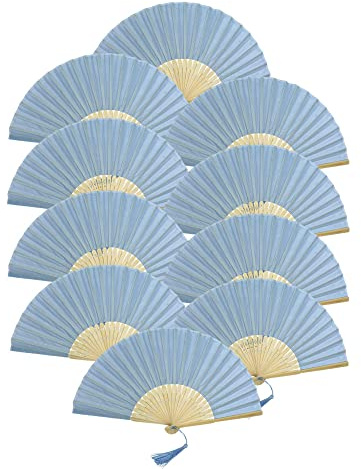 FANSOF.FANS Handfächer aus Stoff mit Quaste, Güteklasse A, Bambusrippen, für Party, Hochzeit, Gastgeschenk (hellblau), 10 Stück
