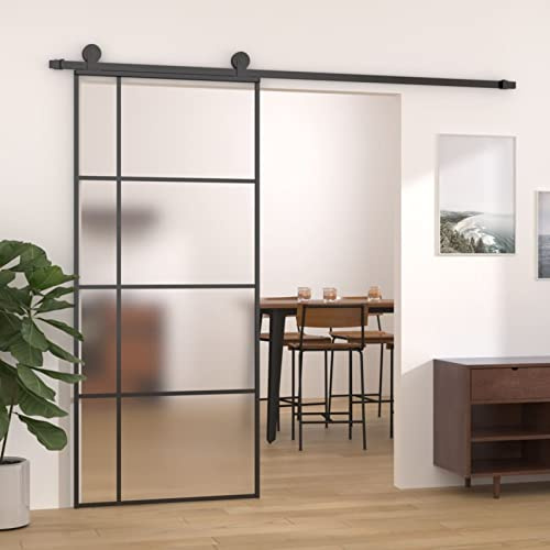 Tidyard Puerta Corredera de Aluminio y Vidrio Puerta Corrediza Moderna para Sala de Estar Salón Habitación ESG, Negra 90x205 cm