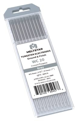 MELTSTAR WC20 Graue Elektrode aus 98% reinem Wolfram und 2% Ceroxid (10 Stück, Ø1.6 x 175 mm) – professionelle Elektrode zum WIG-Schweißen, poliert und geschliffen