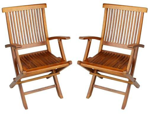 TeakCraft Teak hopfällbar fåtölj – 2-delat set med hopfällbara stolar – helt monterade – massivt trä utomhus, inomhus – matsal, kök, uteplats, bistrostolar, kvarnen