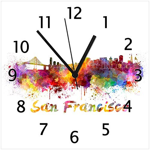 Wallario Design-Wanduhr Städte als Aquarell - Skyline von San Francisco aus Glas, Motiv-Uhr Größe 30 x 30 cm, Schwarze Zeiger