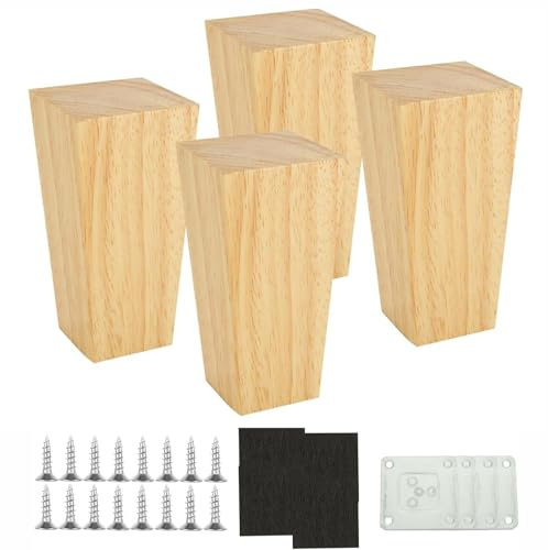 LOLYSIC Lot de 4 pieds de meubles carrés en bois de 10 cm pour canapé, lit, armoire, chaise et table, avec vis et plaques de montage pour un soutien stable