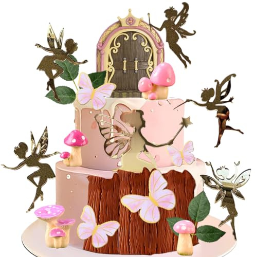 MEZHEN Fairy Tortendeko Garden Fee Kuchen Topper Geburtstag Tortendekoration Mushroom House Cake Decoration Schmetterling Geburtstag Cupcake Toppers Deko Fairy Party Supplies 14 Stück