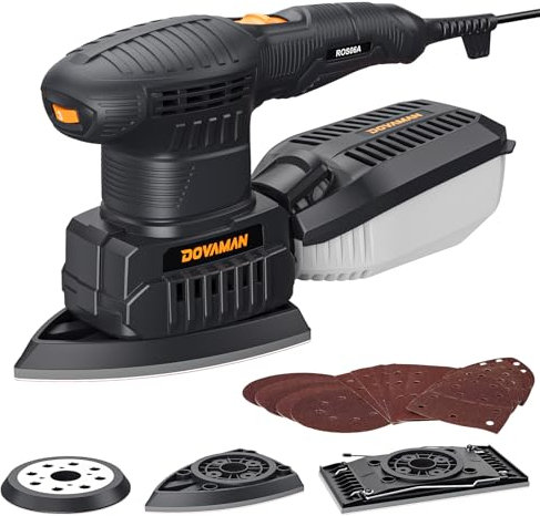 DOVAMAN ROS06A Lijadora Multifunción 3 en 1, 200W Multilijadora, 6 Velocidades, 15 Papeles de Lija, Baja Vibración, Recogida de Polvo, Lijadora Orbital, Excéntrica y de Detalle para Madera y Acero