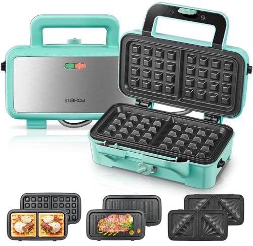 FOHERE Waffle Maker 3 in 1 Sandwich Maker 1200W Panini Press With Removable Plates and 5-gear Temperature Control, Non-stick Coating Easy to Clean,Indicator Lights, Blue