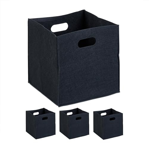 Relaxdays Scatola da Scaffale Portaoggetti, Set 4 Porta Giochi e Libri Libreria, Box Cubo HLP: 30x30x30 cm Feltro, Nero
