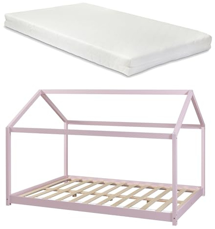 [en.casa] Kinderbett Cerro mit Matratze Hausbett Jugendbett Bett in Haus-Optik Montessori Bett aus massiver Kiefer Bettgestell mit Lattenrost Rosa 120x200cm