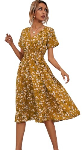 XIVISTO Vestido de Verano para Mujer Midi Floral Casuales Cuello en V Elegante Manga Corta Cintura Elástica Vestido Playa