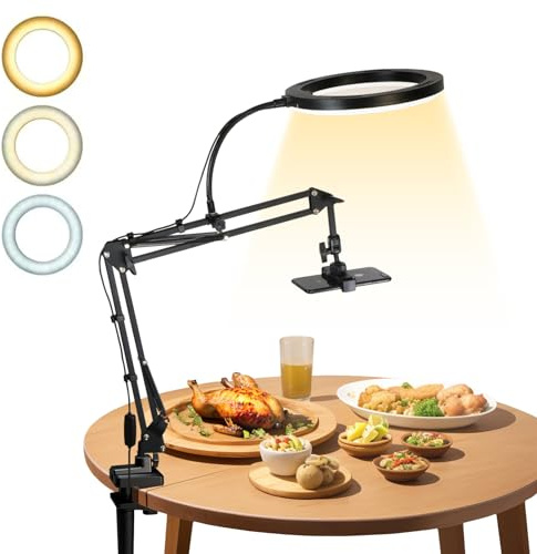 Anneau lumineux avec trépied, trépied de surcharge avec anneau lumineux LED de 10 pouces, 3 couleurs de lumière, éclairage rotatif à 360°, kit trépied pour smartphone, trépied antidérapant avec anneau