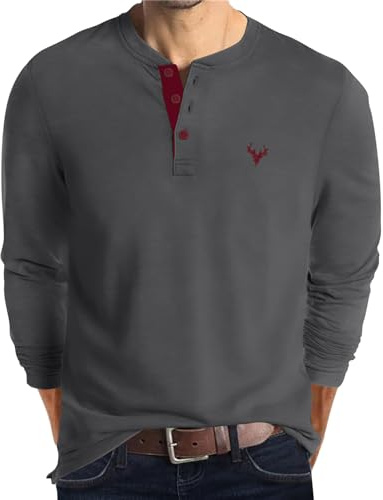 KUYIGO Men's Embroidered Henley Long Sleeve T-Shirt Cotton Casual Sports Knit Top