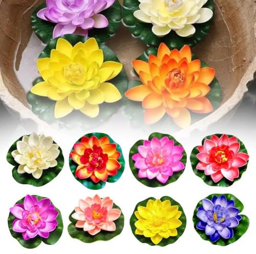 Lot de 8 fleurs de lotus artificielles flottantes en mousse avec nénuphar artificiel, pour jardin, étang, aquarium et piscine