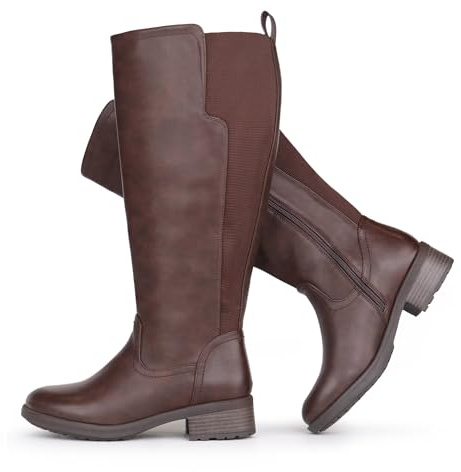 Chicblooms Damen-Stiefel mit weitem Schaft, kniehoch, Stretch, flach, niedriger Absatz, Braun Synthetik EU 38