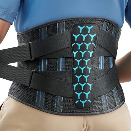 Rakiie Rückenstützgürtel Bandage mit Stützstreben, Blau S | Atmungsaktives Netzgewebe, verstellbare Gurte für Damen & Herren. Lindernt Rückenschmerzen im Alltag sowie bei der Arbeit.