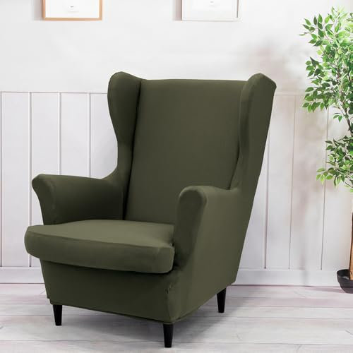 Highdi Wingback Chair Covers 2 Piece Stretch Wing Chair Cover Solid Color Sofa Cover Armchair Slipcover Washable Non Slip Furniture Protector for Living Room Bedroom Hotel (Olive Green)
