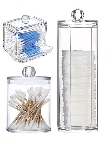 MIGUIWOR 3 Kosmetikorganiser,Wattepadspender,Wattestäbchen Behälter,Wattepads Aufbewahrung,Ohrenstäbchen Aufbewahrung,Ohrstäbchen Behälter für das Badezimmer (transparent,D2)