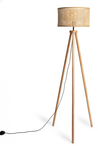 LEDKIA Stehlampe Rattan und Holz Adirane Natürlich | E27 Fassung | 150 cm Höhe | IP20 Schutz | Holz & Rattan | Für Wohnzimmer, Küche, Schlafzimmer