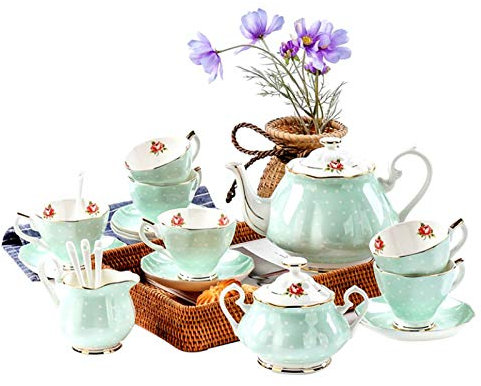 TLTDSMYF Teeservice für Erwachsene mit Teekanne und Milchkännchen für den Nachmittagstee, Teetassen und Untertassen aus Porzellan, Kaffeetassen aus britischem Royal Bone China, 15-teilig