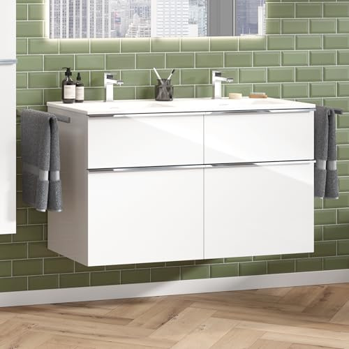 Zentrobad Griff Premium Doppel-Waschbecken mit Unterschrank glänzend lackiert 120 cm Waschtisch Badmöbel Badezimmer Schrank Badschrank mit 4 Schubladen (weiß glänzend)