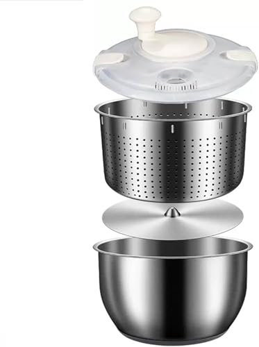 Salatschleuder, Edelstahl, große Gemüsewaschmaschine – PP-Deckel, Obstwascher, Nudel- und Pommes-Spinner – 6 l Fassungsvermögen, Küchenhelfer