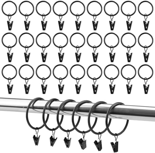 NICKLIN Anelli per Tende con Clip,33 Pezzi Argento Clip Ad Anello per Tenda,32 mm Gancio Tenda per Tende da Doccia Finestre per Asta Finestra,Porta,Tenda Doccia (Nero)