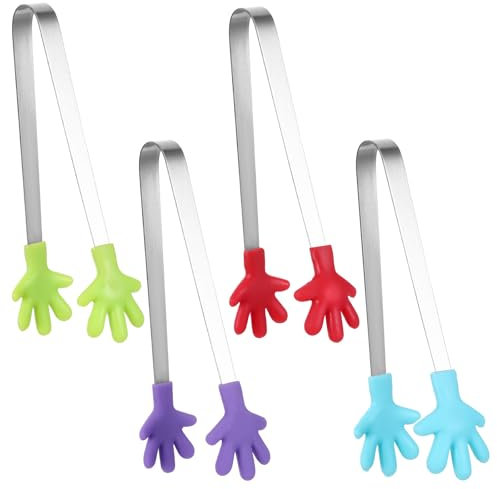 JIYIN 4 Stück Mini Zuckerzange Klein, Silikon Essen Zange Edelstahl Lebensmittelzange Servierzange Süßigkeiten Candy Clip Gebäckzange für BBQ Küche Bar Party Büfett (Farbe 1)