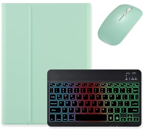 kaidisen Backlit keyboard Case for Galaxy Tab A8 10.5 inch Tablet Case with Mouse and Detachable RGB Colorful Rainbow Backlight Keyboard,Mint Green+Black