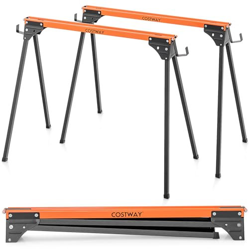 COSTWAY Folding Saw Horse Twin Pack, Heavy Duty Workbench with Footpads and 2 x 4 Support Arms, Fully Assembled Metal Trestle Stands Sawhorse for Sawing Work, Each Max Load 500kg (Orange)