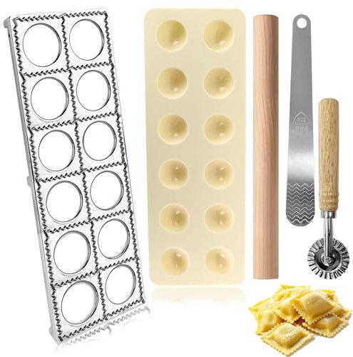 Ravioli Maker Mold Press Set Include 12 Holes Ravioli Maker Press with Pasta Mold Ravioli Tray Ravioli Stamp Maker Cutter Wood Rolling Pin and Filling Spoon Pasta Making Tools Pelmeni Mold