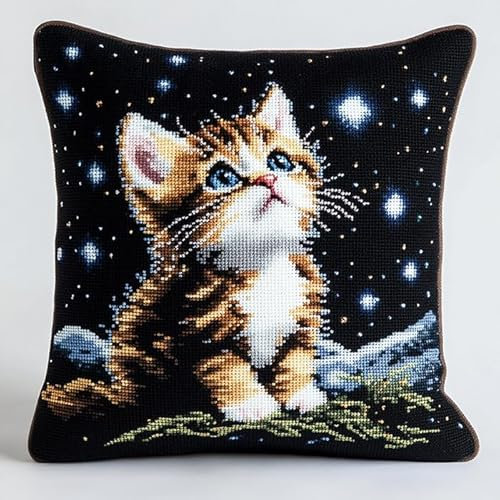 WallustrioaW Tier DIY Knüpfen Set Erwachsene,Katze unter den Sternen,Knüpfkissen Set Zum Sticken Und Stricken,Geschenk Für Erwachsene/Anfänger,43x43cm