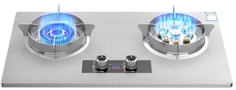 Fornello a gas a 2 fuochi in acciaio inox facile da pulire con timer, conversione gas/GPL da 5,2 kW, controllo indipendente su entrambi i lati
