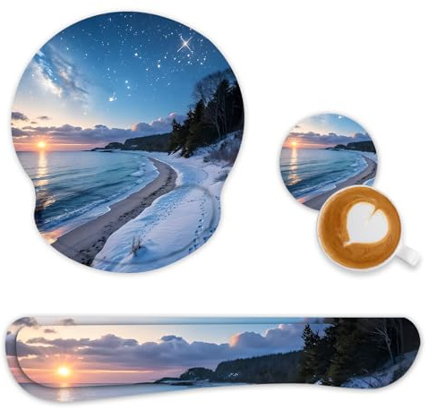 Set di tappetini per mouse 3 in 1, per tastiera, poggiapolsi e poggiapolsi + base per bicchiere, tastiera e mouse con memory foam, base antiscivolo, tappetino per mouse ergonomico per ufficio