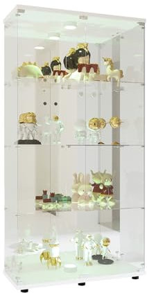 NLDGR Vitrinskåp med LED-belysning, 164 x 81 x 37 cm, modern glasvitrinskåp med 4 hyllor, 2 dörrar vitrinskåp, glasskåp stående vitrinskåp av härdat glas och trä, för vardagsrum
