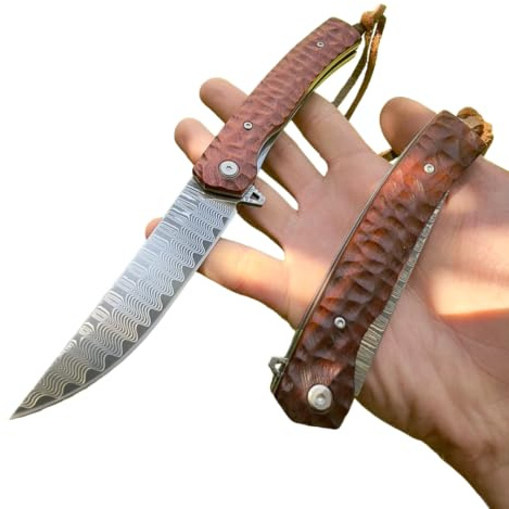 Obespina Couteau Pliant Poche Damas Style Japonais Acier 67 Couches VG10 Damascus lame Tranchante Manche bois Collection Cadeau Homme edc forge artisanat camping edc fine luxe exterieur