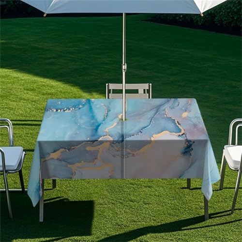 Morbuy Outdoor Tischdecke mit Schirmloch, Marmor Steinmaserung Tischdecke Outdoor Wetterfest Rechteckig wasserdichte Gartentischdecke Tischtuch Tischschutz Abwischbar (Blau Marmor,213x152cm)