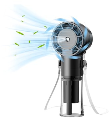 Wiederaufladbarer Handventilator, tragbarer Hals-Ventilator mit Wassernebel-Spray, USB-Mini-Ventilator mit Nebel, 4 Geschwindigkeiten, kleiner Hals-Ventilator mit Umhängeband für Urlaub, Büro, Outdoor