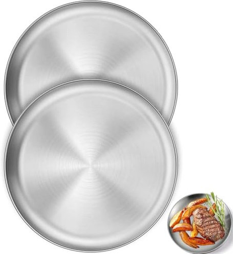 JJiaoLinin 2 Pièces Plaque Pizza Four, Assiettes de Camping en Acier Inoxydable, Diamètre 20cm Assiette a Pizza, Assiettes Plates Rondes argentées pour Le Camping, la Cuisine, Les fête