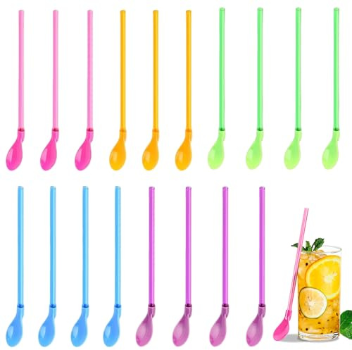 AONAYO 18 Stück Slush Strohhalme, Strohhalm Mit Löffel, Wiederverwendbar, Kunststoff, 24 cm, Zwei-In-Eins-Design
