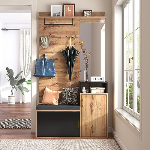 LULUWA Wall Mounted Coat Rack with Bench Seat, Wardrobe Set with 4 Coat Hooks Mirror Shoe Cabinet and Upper Storage Shelf for Hallway (Black + Wood)