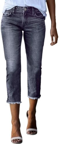 Women's Mid-Rise Slim Fit Capris Jeans Stretchy Straight Leg Denim Cropped Pants Crop Jeggings for Women UK Ladies Summer Fall Three Quarter 3/4 Length Dress Smart Trousers with Pockets