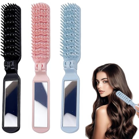 3PCS Foldable Hair Brush,Portable Travel Brush with Mirror,Folding Hair Brush Anti-Static Design,Travel Comb Pocket Size for Women/Men