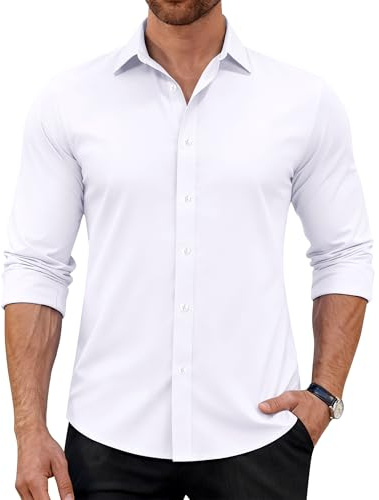 J.VER White Shirt Men Long Sleeve 4-Way Stretch Regular Fit Business Work Dress Formal Smart Button Down Shirts M