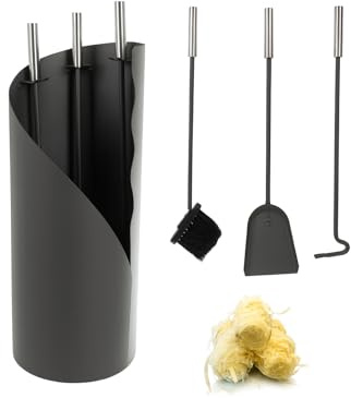 Kaminbesteck Kaminzubehör Set Kaminwerkzeug Ofenbesteck Anthrazit 4-in-1-Set mit Besen, Schaufel, Eisenhaken, Ständer + Gratis Holzwolle Anzünder ca. 22 Stück