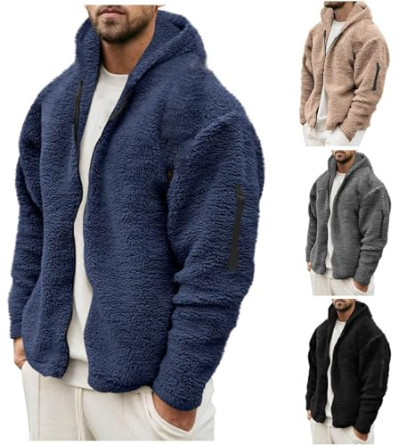 Teddy fleecejacka herr vinter huvjacka varm huvtröja jacka sweatjacka med huva enfärgad sherpajacka utomhus fleecejackor för män fritid kofta fleecejacka herr med huva, 01 marinblå, 3XL