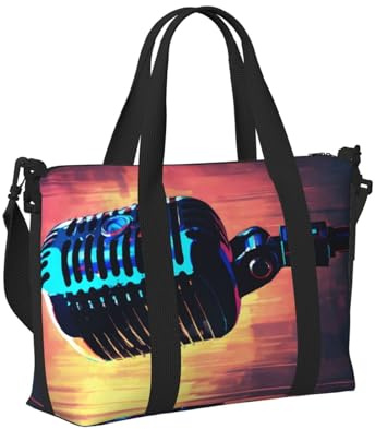 Borsa a mano da viaggio con microfono con note musicali, per donne e uomini, per palestra, fine settimana, vacanze, spiaggia, uso quotidiano