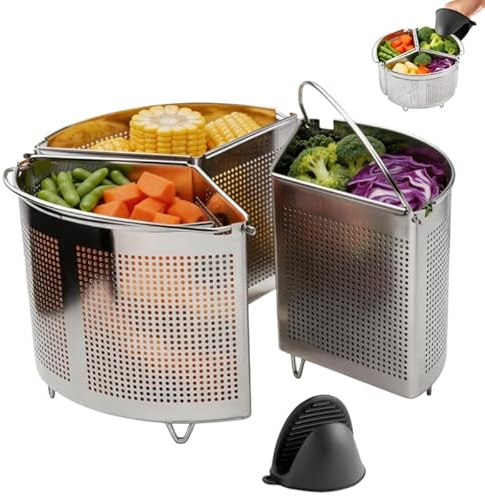 Dämpfeinsatz, 3 Stück Dampfgarer Einsatz mit Silikonhandschuhe 18 x 18 x 11 cm Nudelsieb Edelstahl mit Griff und Boden Dampfeinsatz für Topf Topfteiler-Körbe für Nudeln Gemüse Kleiner Meeresfrüc
