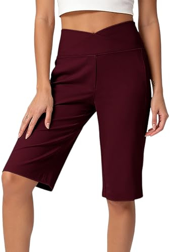 Crossover Shorts for Women UK High Waisted Running Knee Length Yoga Pants Summer Comfy Stretch Gym Workout Slim Fit Athletic Shorts Casual Straight Leg Bermuda Pants with Pockets